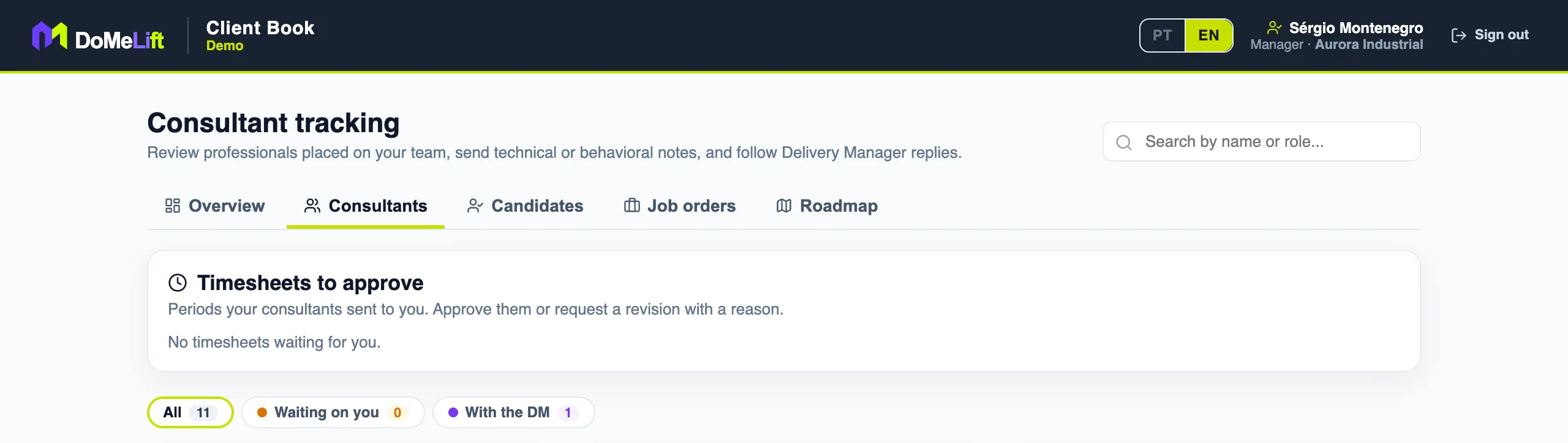 Client Book with the consultants tab and the timesheets awaiting approval