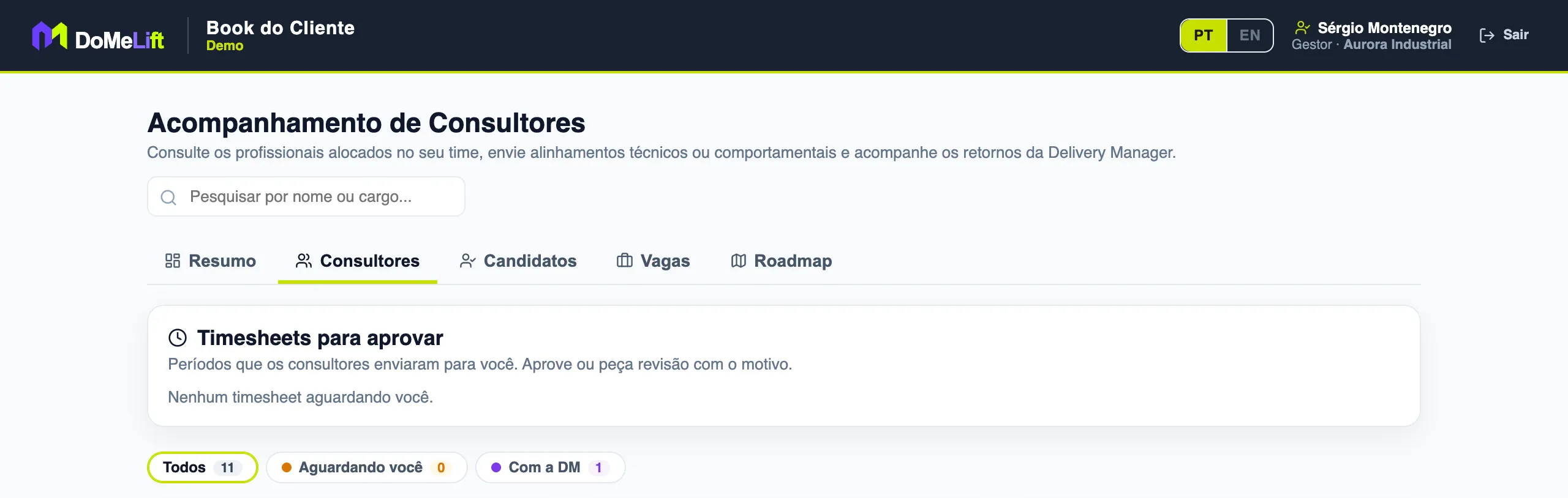 Book do cliente com a aba de consultores e a caixa de timesheets para aprovar