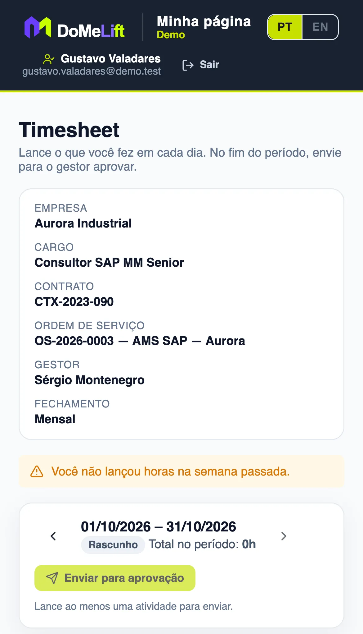 Minha página do consultor no celular, com o timesheet do mês e o botão de enviar para aprovação