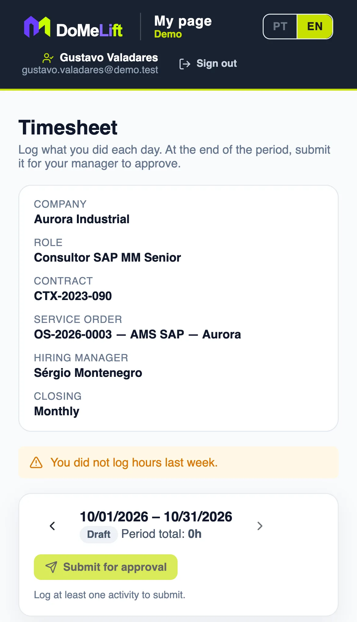 Consultant's My page on a phone, with the month's timesheet and the submit for approval button