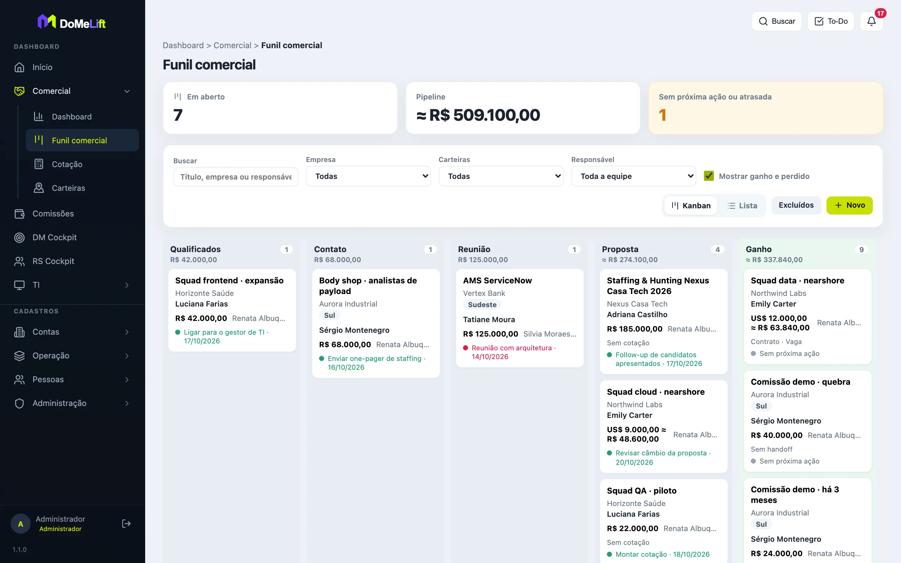 Funil comercial do DoMeLift em kanban, com os negócios por etapa e o valor em pipeline